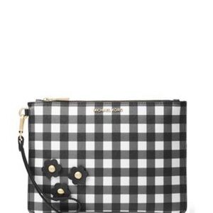 MICHAEL Michael Kors Gingham Leather Zip Pouch Daisy Stud Black & White Wristlet